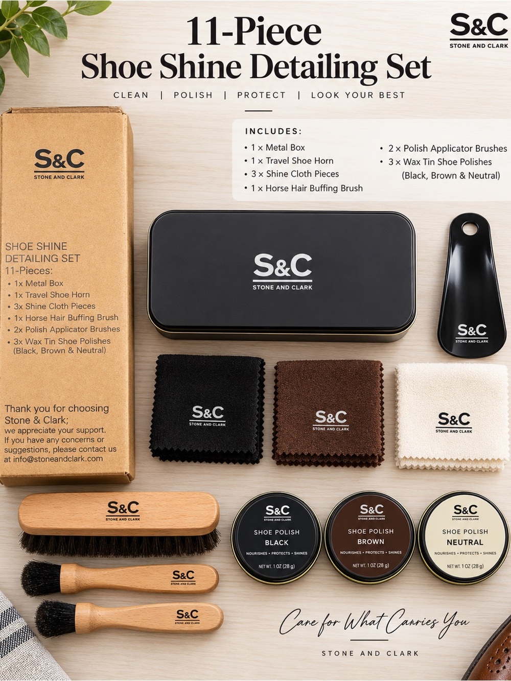 S&C 11-Piece Shoe Shine Set - Black, Brown & Cream